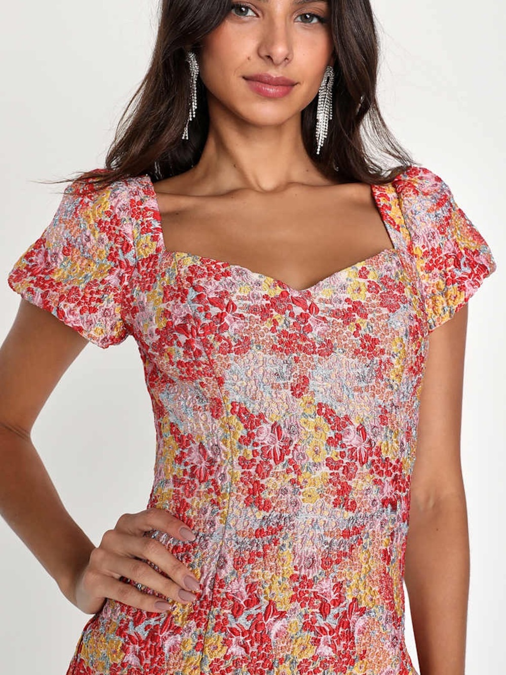 Lulus Floral Jacquard Puff-Sleeve Mini Dress - Picture 4 of 6